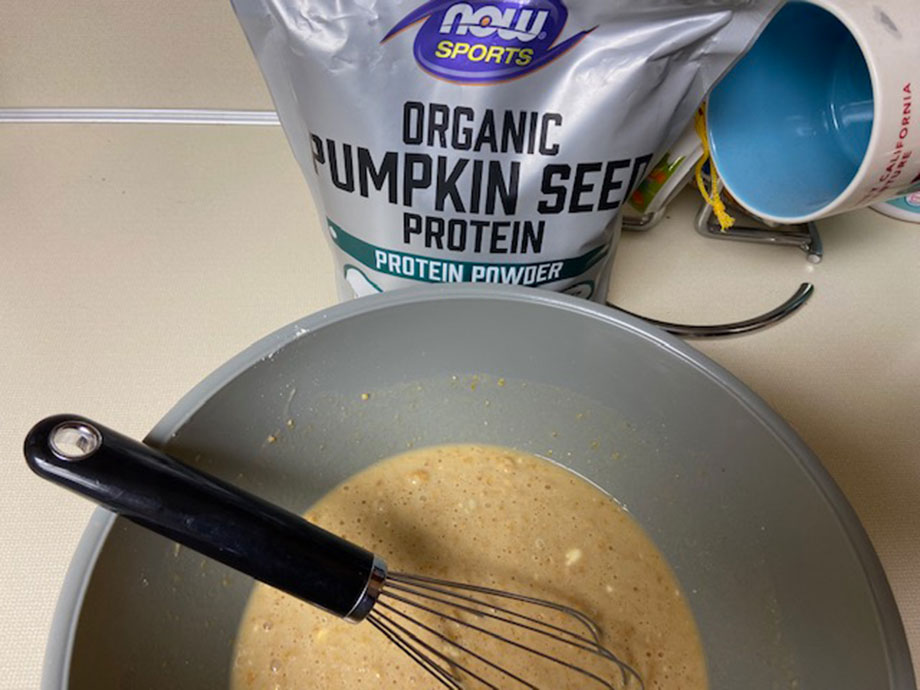 now pumpkin seed protein mixed with pancake batter