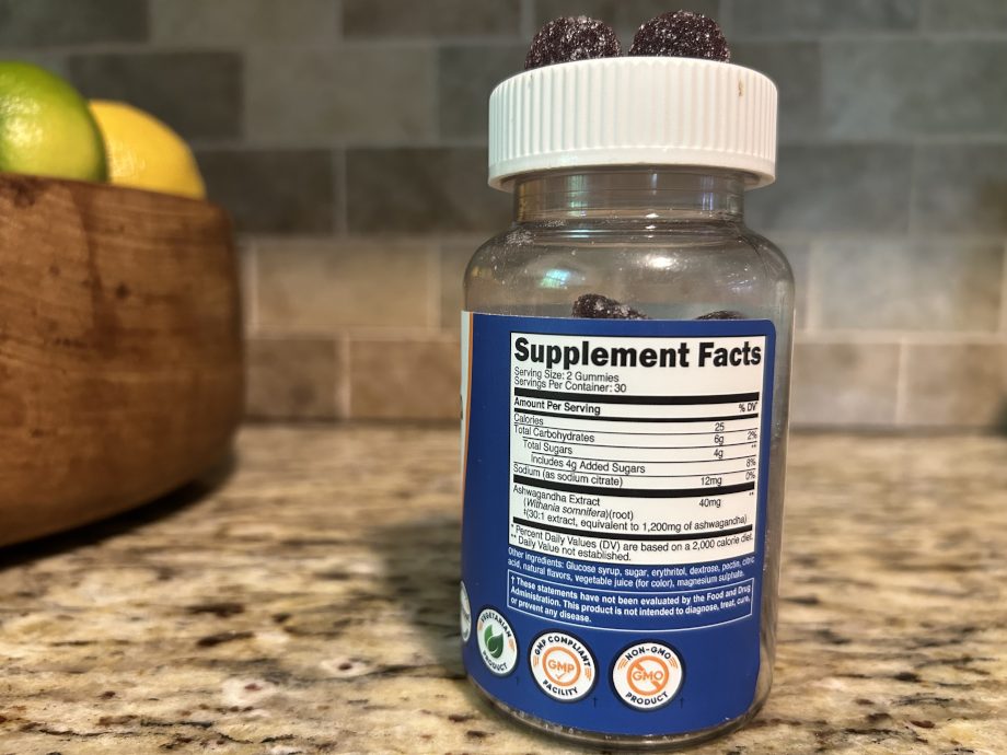 Supplement Facts label on a bottle of Nutricost Ashwagandha Gummies.