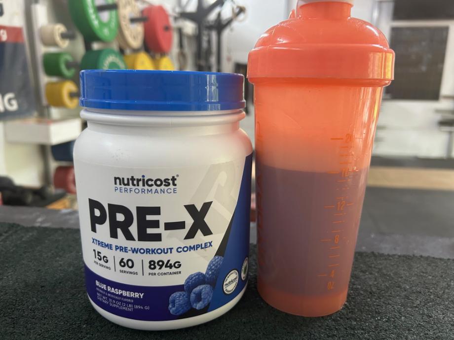 A container of Nutricost Pre-X Pre-Workout.