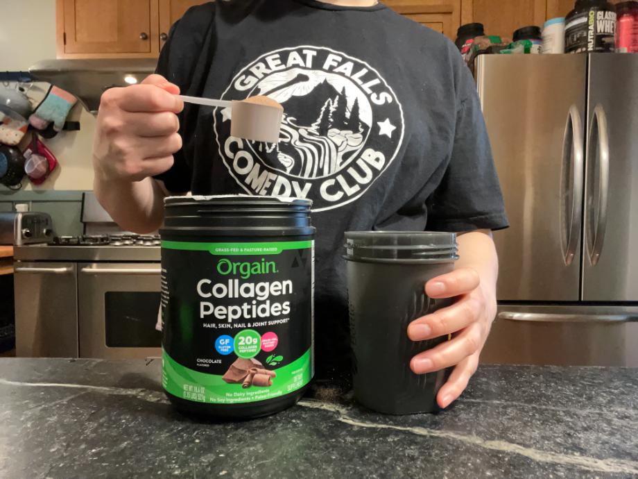 A person is making a shake with Orgain Collagen Peptides.
