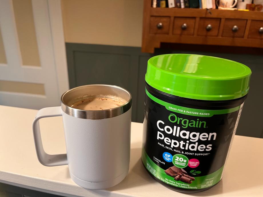 Orgain Collagen Peptides mixed into a cup of coffee.