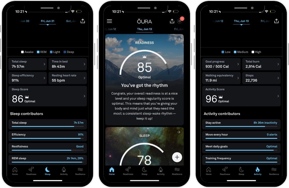 Screenshots of the Oura Ring's metric scores