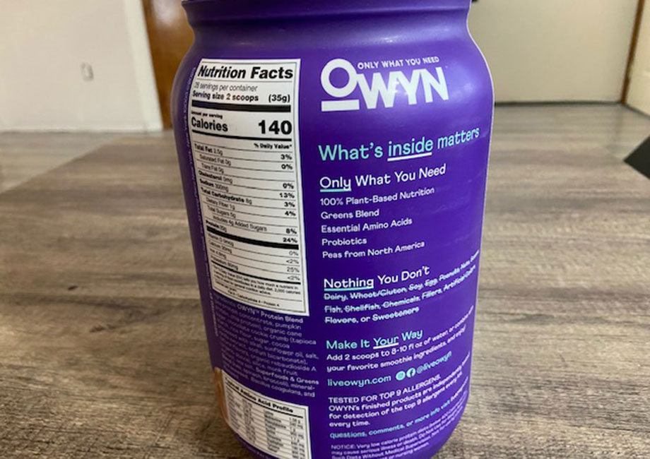 Nutrition Facts label on a canister of OWYN Plant Protein Powder.
