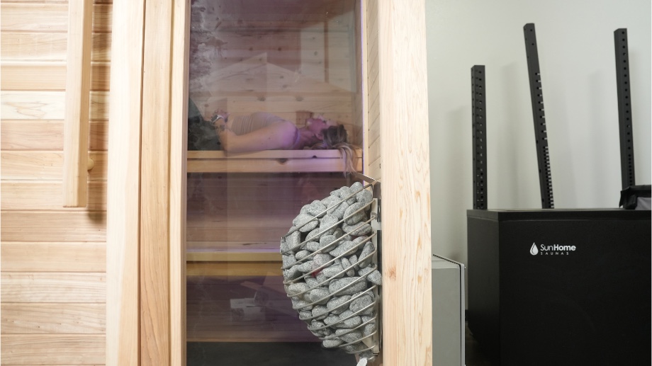 Full view of the Plunge Sauna, with our tester inside.