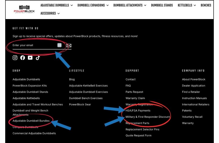 Screenshot of website navigation to get PowerBlock discounts
