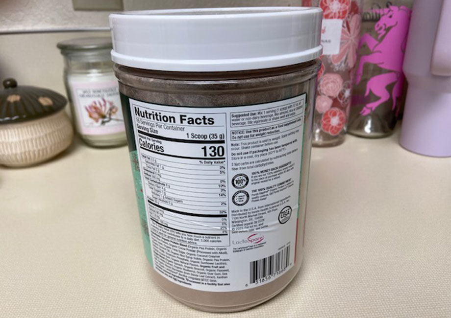 Nutrition Facts label on a container of Purely Inspired Organic Protein.