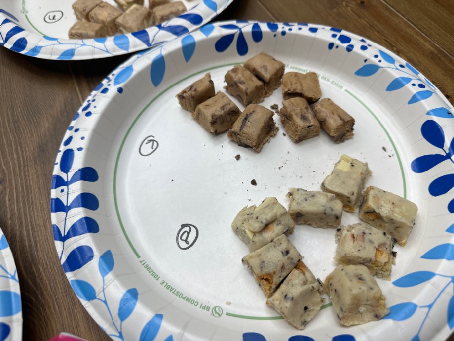 A bunch of Quest Bar peices are prepped for a blind taste test.