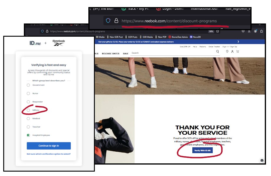 A collage of screenshots showing how to access a Reebok military discount