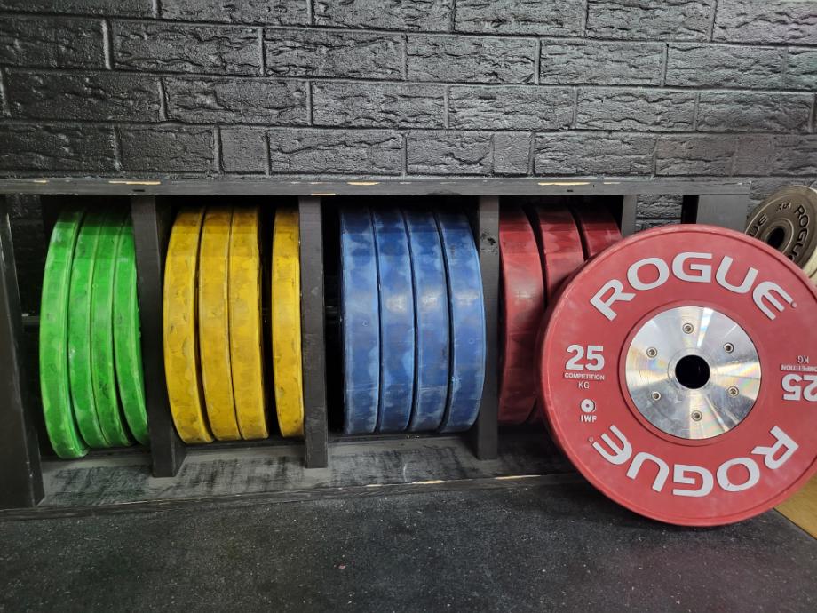 A set of red, green, yellow, and blue Rogue Competition Bumpers.