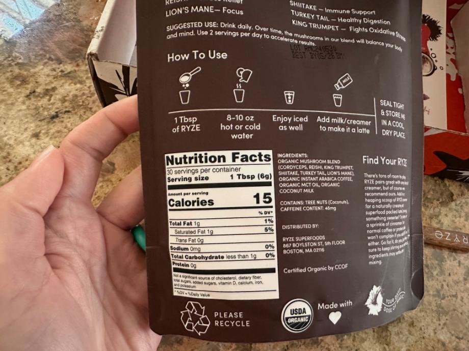 Nutrition Facts label from a bag of RYZE Mushroom Coffee.