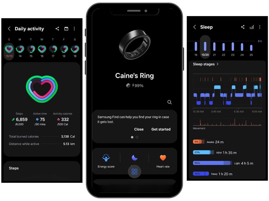 Screenshots of the Samsung Galaxy Ring app