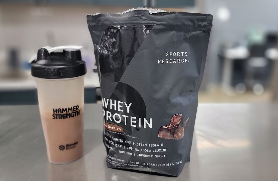 A shaker bottle with Sports Research Whey Protein Isolate