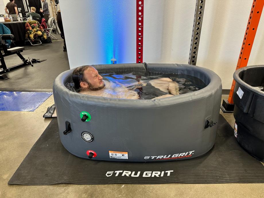 Our tester attempts total sumbersion in a Tru Grit Cold Tub.