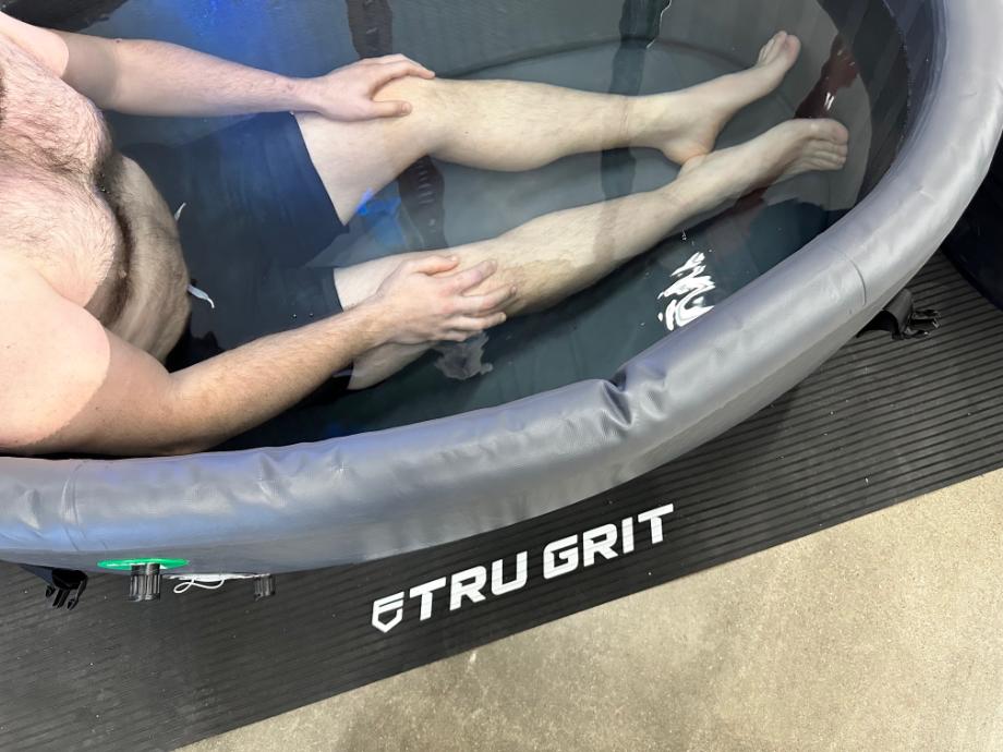 Looking down into the Tru Grit Cold Tub with our tester sitting in it.
