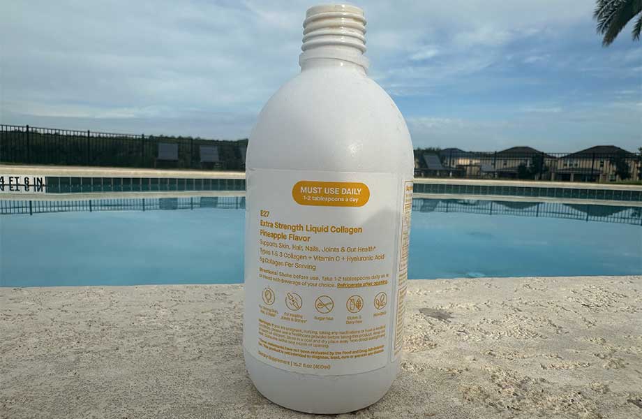 Side view of a bottle of SpoiledChild E27 Extra Strength Liquid Collagen