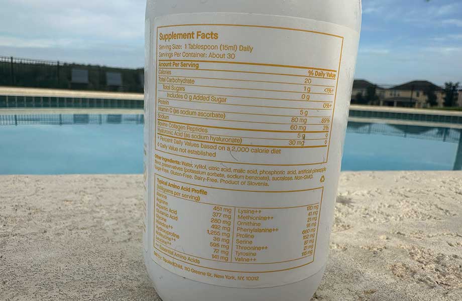 Supplement Facts label on a bottle of SpoiledChild E27 Extra Strength Liquid Collagen.