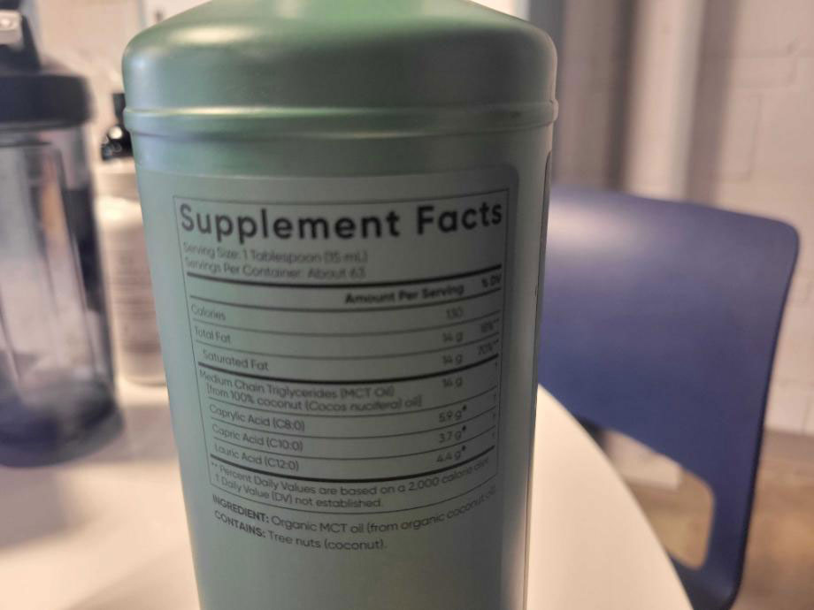 Supplement Facts label on a bottle of Sports Research MCT Oil