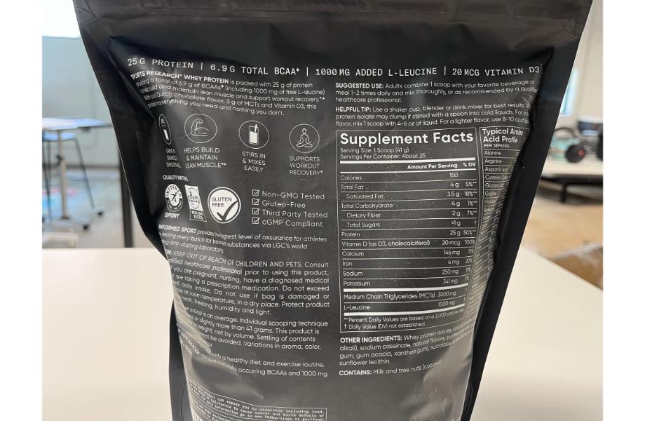 The Supplement Facts label on a bag of Sports Research Whey Protein Isolate.