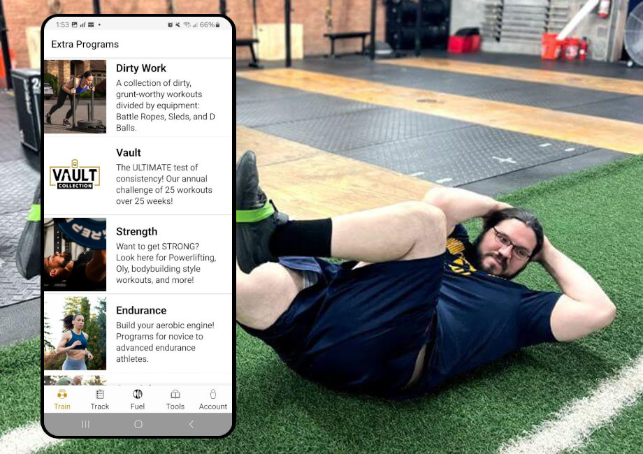Olympian Caine Wilkes does banded crunches next to a screenshot of the Street Parking app.