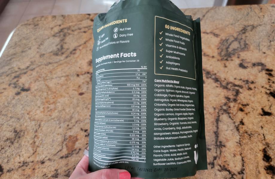 The supplement facts label on a bag of grüns gummies