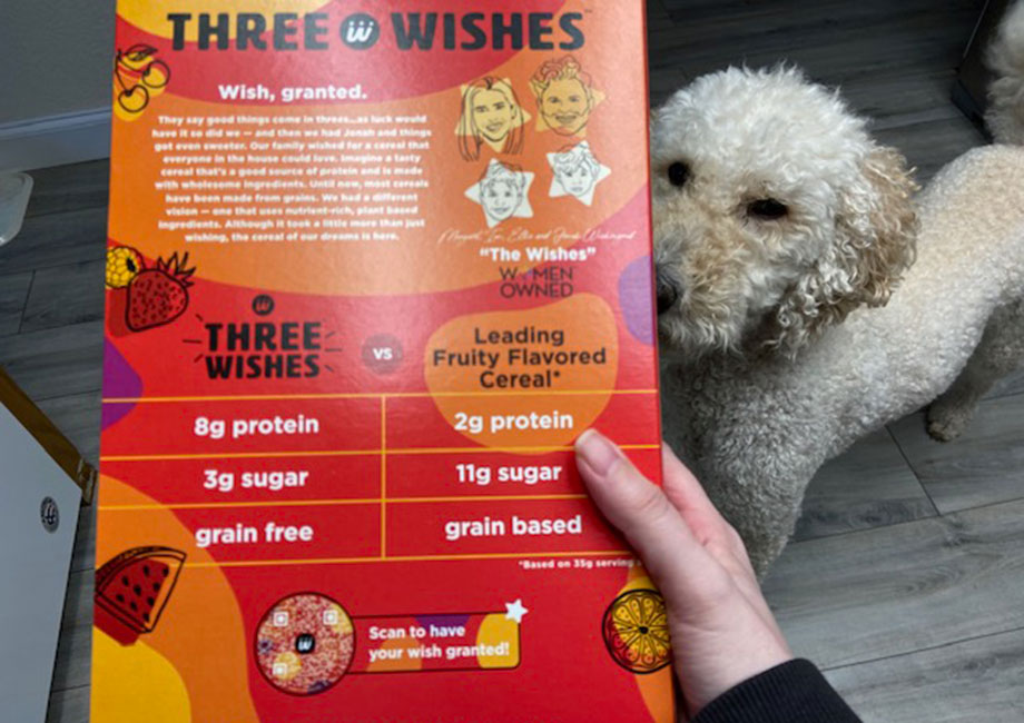 The back of a box of Three Wishes Cereal.
