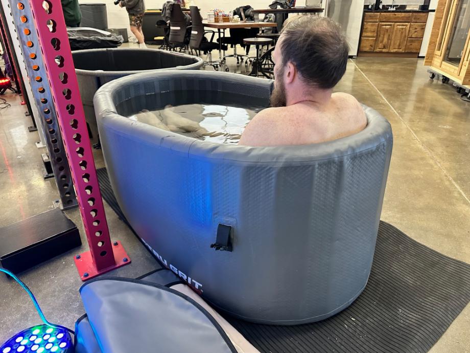 A view from behind of our tester in the Tru Grit Cold Tub.