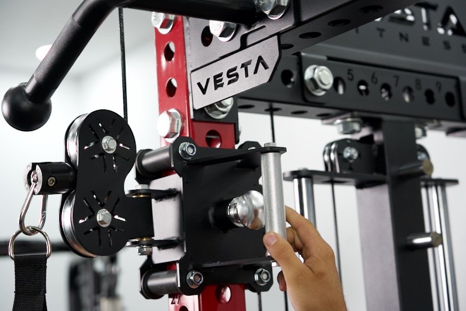 A close look at the pulleys on a Vesta Pro Series 3-in-1 Ultimate Rack with Smith Machine