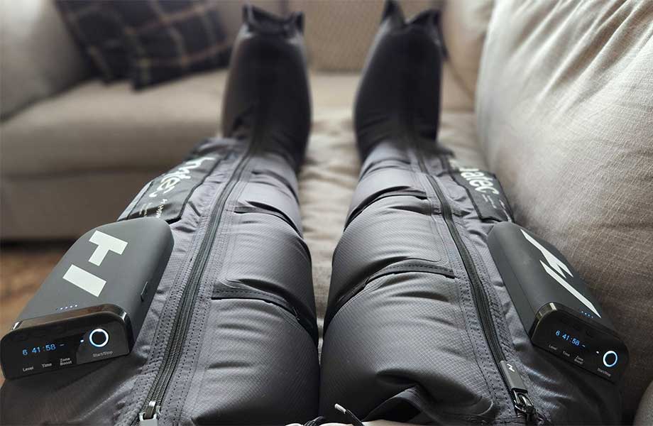 Looking at your legs in Normatec Elite Recovery Legs.