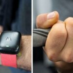 A side-by-side image featuring Whoop vs Oura fitness trackers