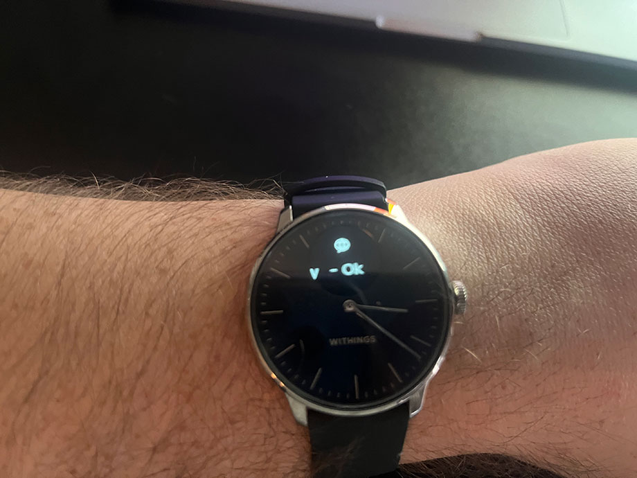 A notification is shown on the face of a Withings Scanwatch Light